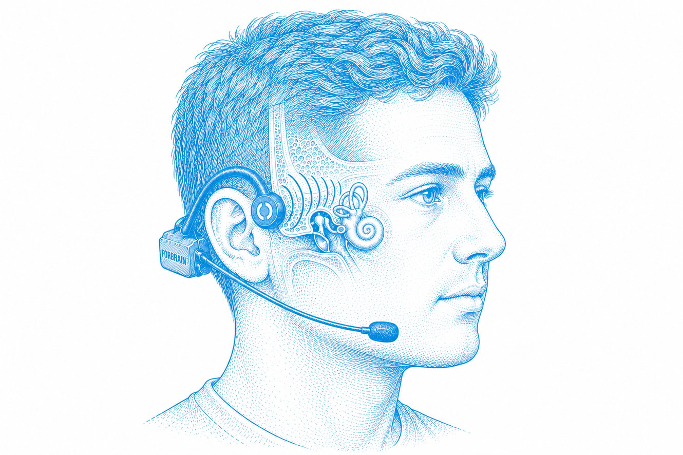 Anatomical illustration showing the Forbrain headset and the bone conduction pathway to the cochlea
